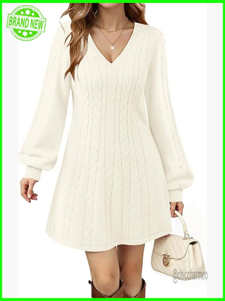 Long Sleeve V-Neck Cable Knit A-Line Sweater Dress Mini Babydoll